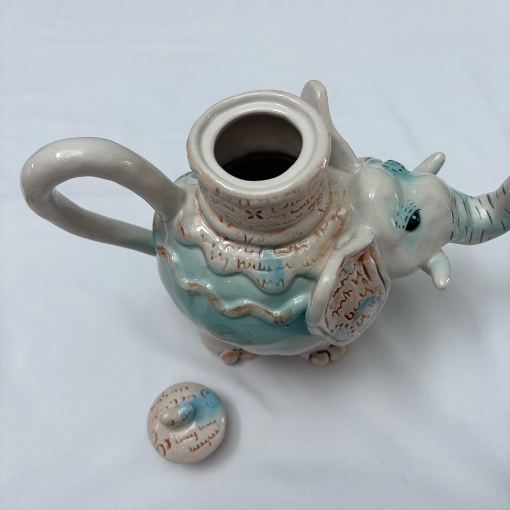 Blue Sky Clayworks Elephant Ceramic Teapot by Heather Goldminc Cream Blue - Picture 5 of 9